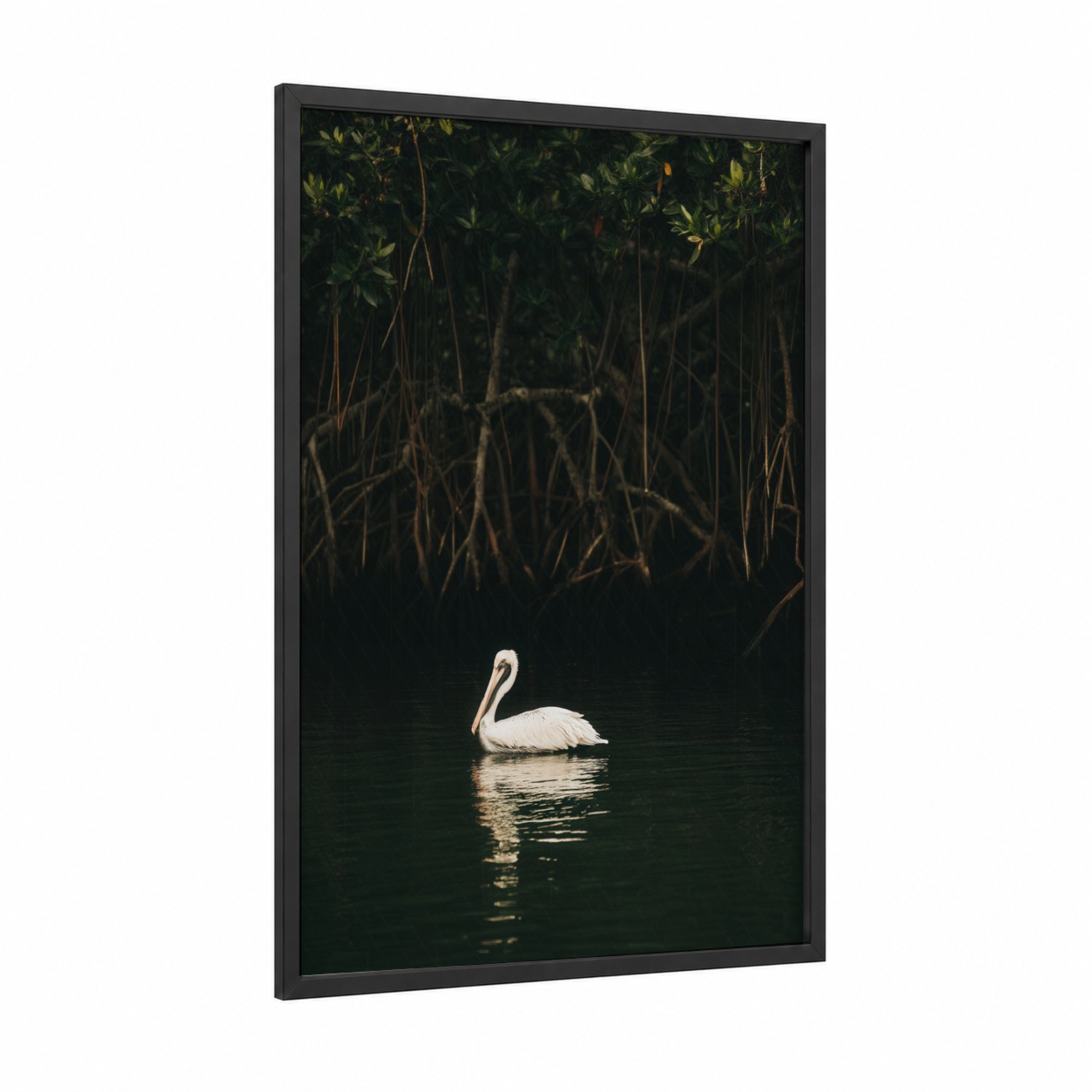 Serene Pelican framed art print — black wood frame — dark green and white palette