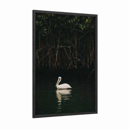 Serene Pelican framed art print — black wood frame — dark green and white palette