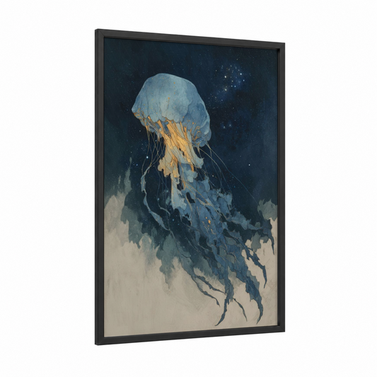 Cosmic Jellyfish framed art print — black wood frame — blue and gold palette