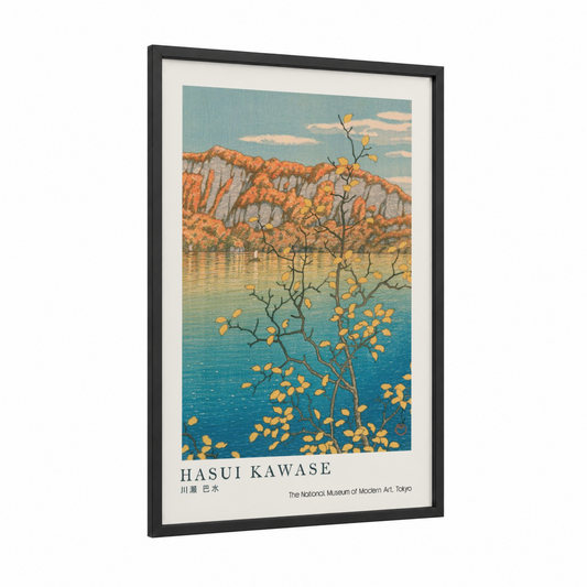 Autumn Lake Reflection framed lakes print — black wood frame — gold and teal palette
