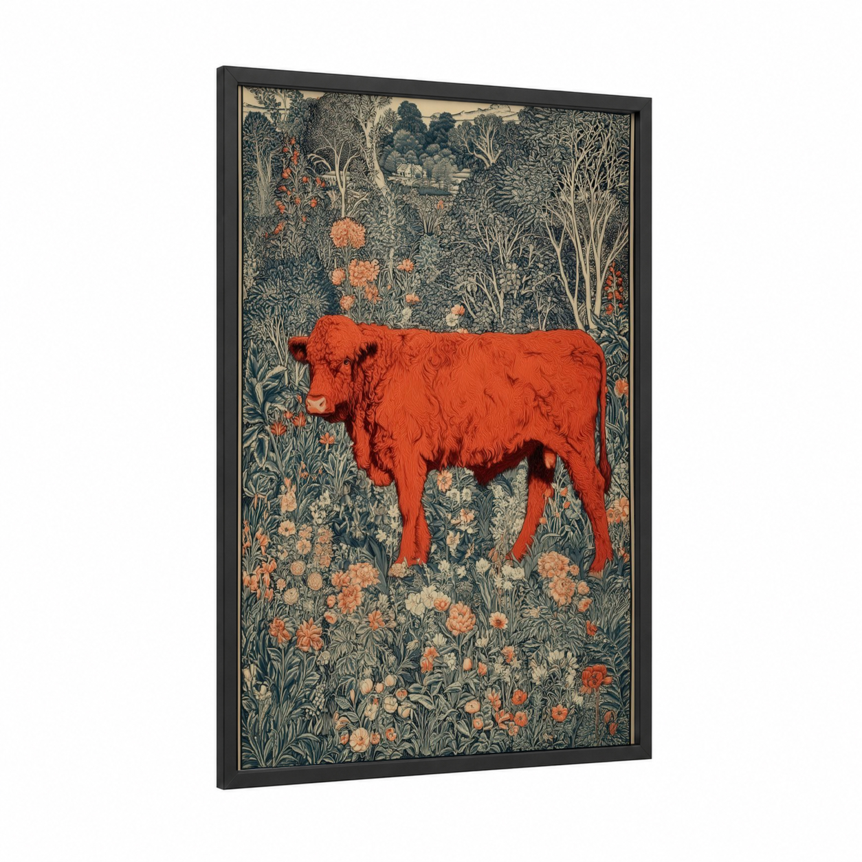 Crimson Angus framed angus cow print — black wood frame — red and cream palette