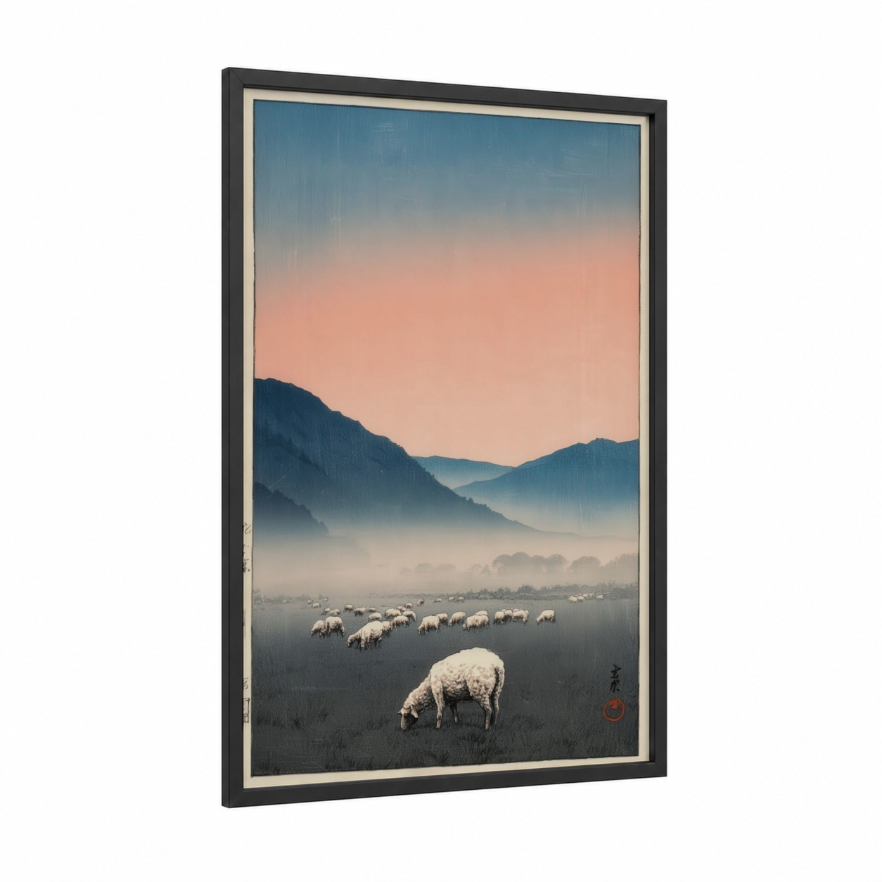 Misty Valley Sheep framed art print — black wood frame — blue and peach palette