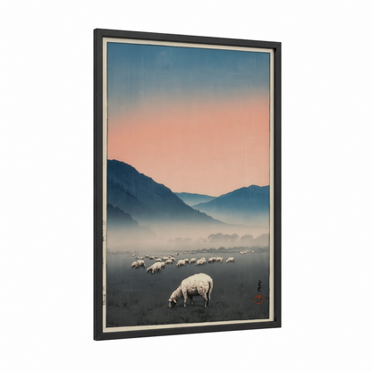 Misty Valley Sheep framed art print — black wood frame — blue and peach palette