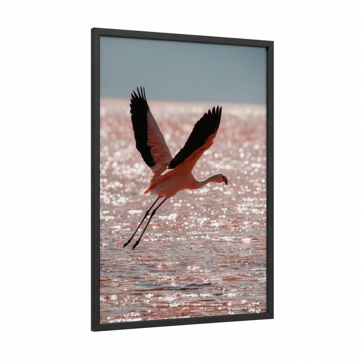 Lakeside Flamingo framed art print — black wood frame — salmon pink and gray and white palette