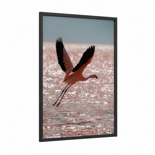 Lakeside Flamingo framed art print — black wood frame — salmon pink and gray and white palette