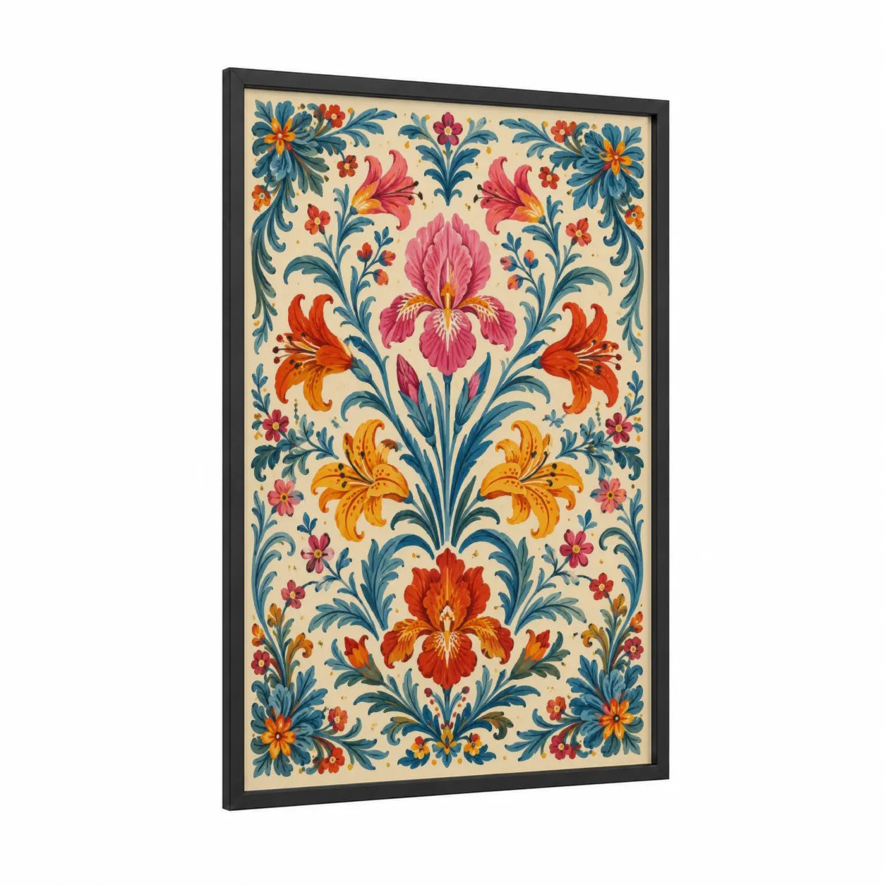 Ornate Floral Symmetry Wall Art framed iris print — black wood frame — orange and blue palette