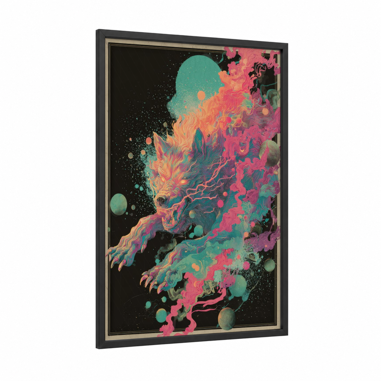Cosmic Wolf Spirit framed japanese psychedelic print — black wood frame — magenta and turquoise palette