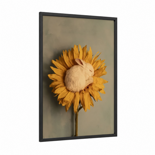 Sunflower Rabbit framed art print — black wood frame — gold and cream palette