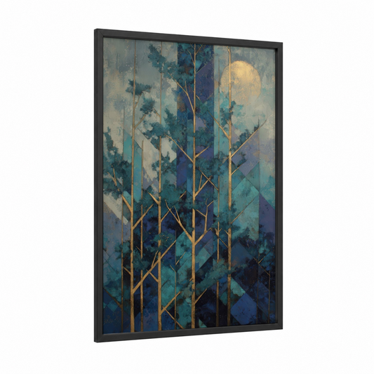 Moonlit Cedar Forest framed cedar tree print — black wood frame — teal and gold palette