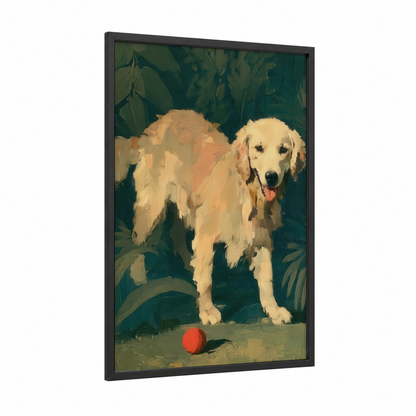 Golden Retriever Play framed art print — black wood frame — gold and dark green palette