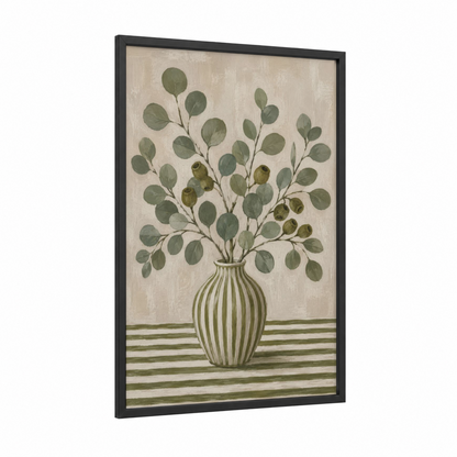 Eucalyptus Vase Botanical Wall Art framed leaf print — black wood frame — sage green and beige palette
