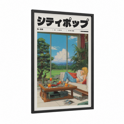 Lazy Summer Lofi framed anime and manga print — black wood frame — blue and green palette