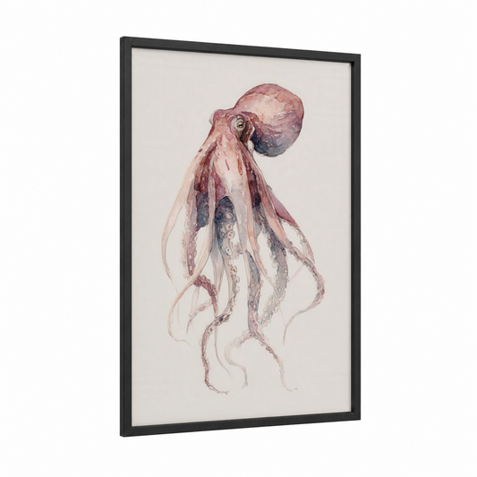 Ethereal Octopus framed art print — black wood frame — cream palette