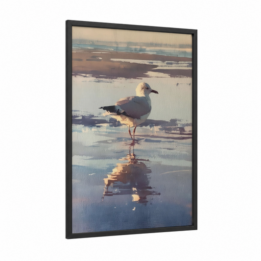Shallow Water Seagull framed art print — black wood frame — blue and white and peach palette