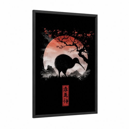 Moonlit Kiwi framed art print — black wood frame — black and white and salmon pink palette