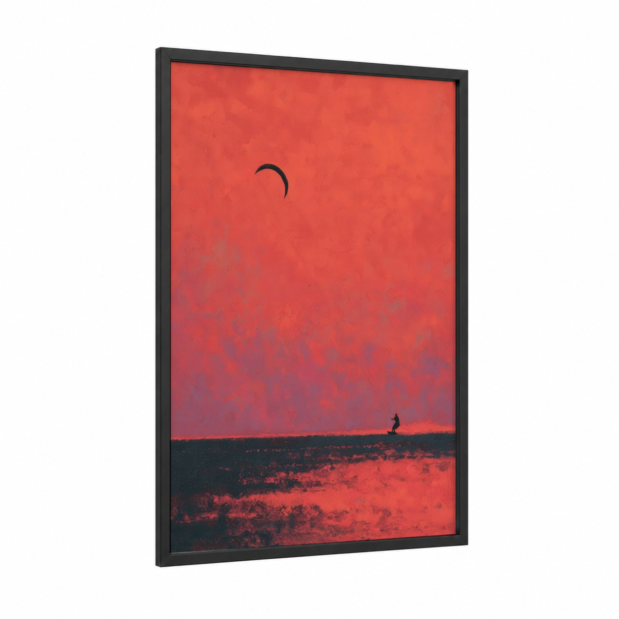 Crimson Kite Surfer framed kite surfing print — black wood frame — red and black palette