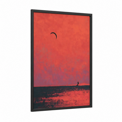 Crimson Kite Surfer framed kite surfing print — black wood frame — red and black palette