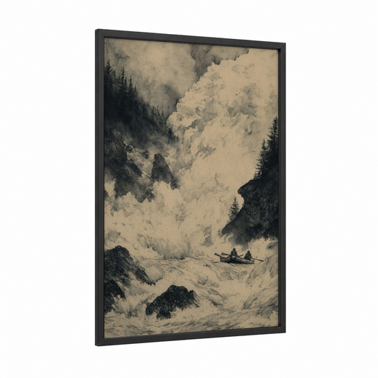 Mountain Whitewater framed rafting print — black wood frame — black and white and gray palette