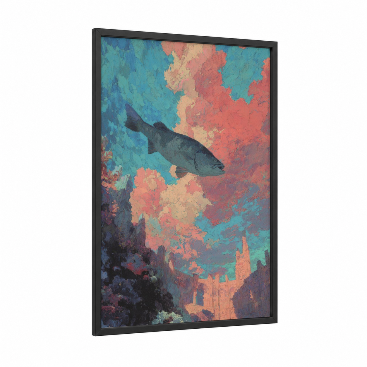 Coral Tarpon framed art print — black wood frame — turquoise and salmon pink palette