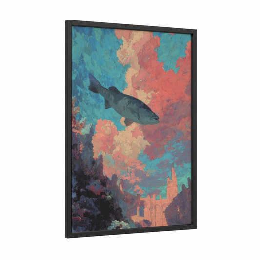 Coral Tarpon framed art print — black wood frame — turquoise and salmon pink palette