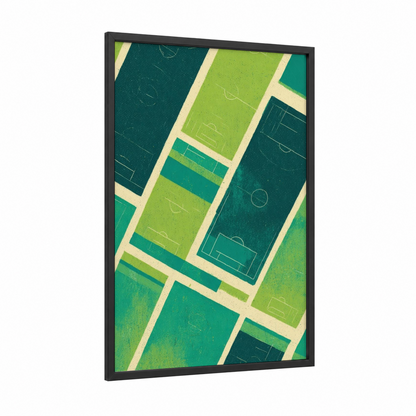 Aerial Soccer Fields framed stadiums and fields print — black wood frame — lime green and teal palette
