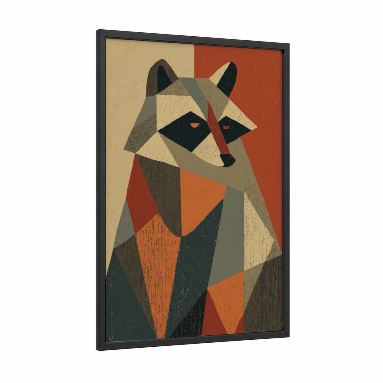 Geometric Raccoon framed art print — black wood frame — cream palette