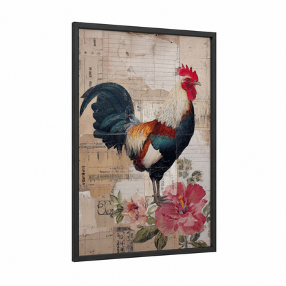 Vintage Rooster framed chicken and roosters print — black wood frame — cream palette