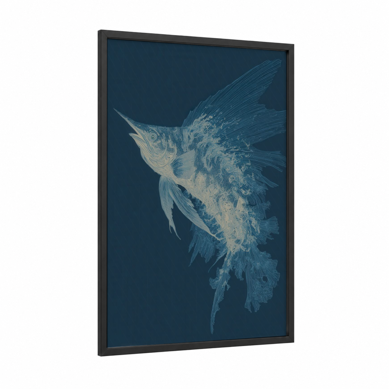 Azure Sailfish framed art print — black wood frame — dark blue and cream palette