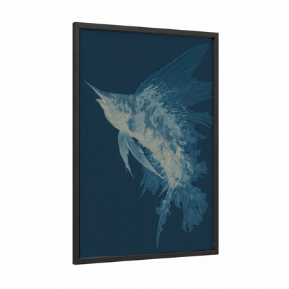 Azure Sailfish framed art print — black wood frame — dark blue and cream palette