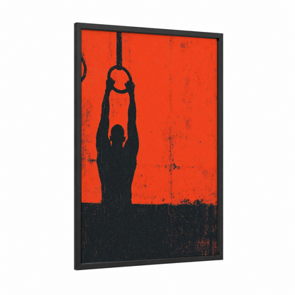 Rings Athlete framed gymnastics print — black wood frame — red and black palette