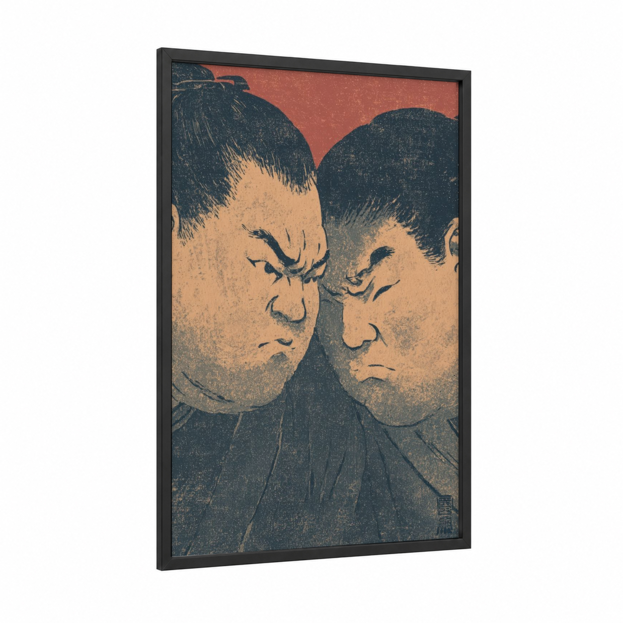 Confrontation Sumo framed art print — black wood frame — dark blue and cream palette