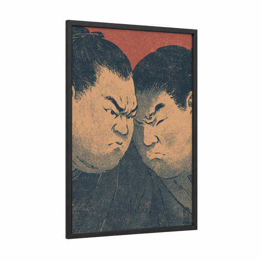 Confrontation Sumo framed art print — black wood frame — dark blue and cream palette