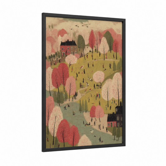 Spring Village Gathering framed art print — black wood frame — rose gold and sage green palette