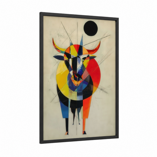 Geometric Bull framed art print — black wood frame — red and yellow palette