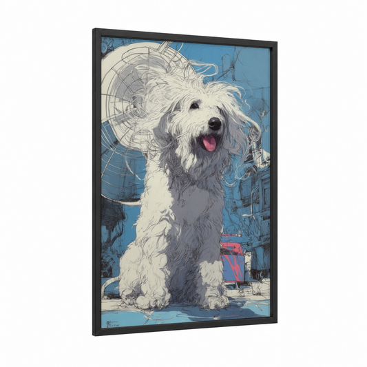 Happy Shepherd Joy framed shepherd dogs and collies print — black wood frame — blue and white palette