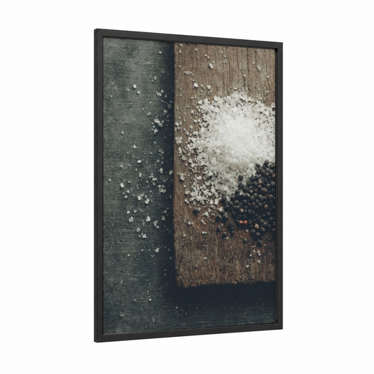 Salt Crystal Still Life framed condiments print — black wood frame — gray and brown palette