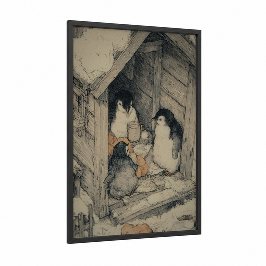 Cozy Penguin Family framed art print — black wood frame — cream and black and white palette