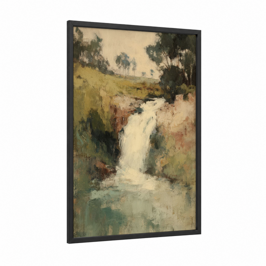 Pastoral Waterfall framed art print — black wood frame — sage green and cream palette