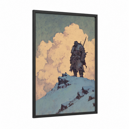 Snowy Orc Sentinel framed art print — black wood frame — cream and blue and white palette