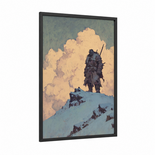 Snowy Orc Sentinel framed art print — black wood frame — cream and blue and white palette