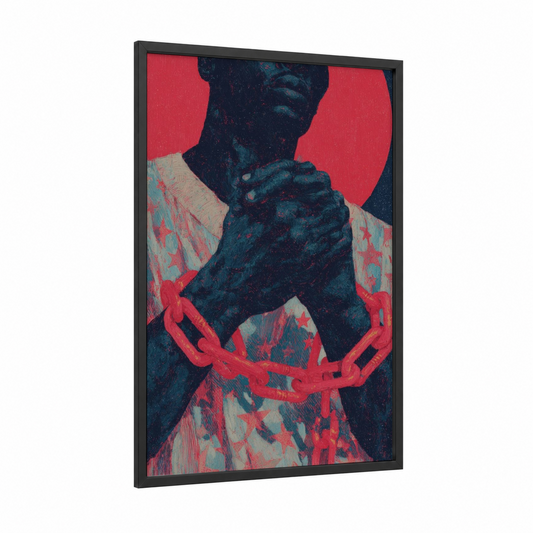 Freedom Chains framed juneteenth print — black wood frame — red and black and gold palette