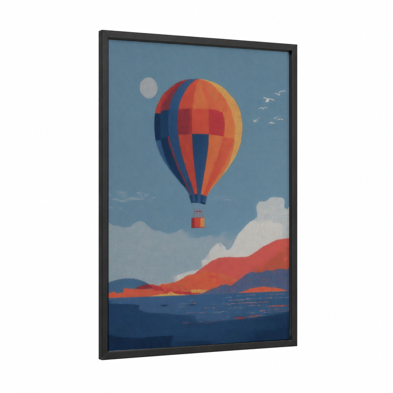 Colorful Sky Adventure framed hot air baloon print — black wood frame — blue and orange palette