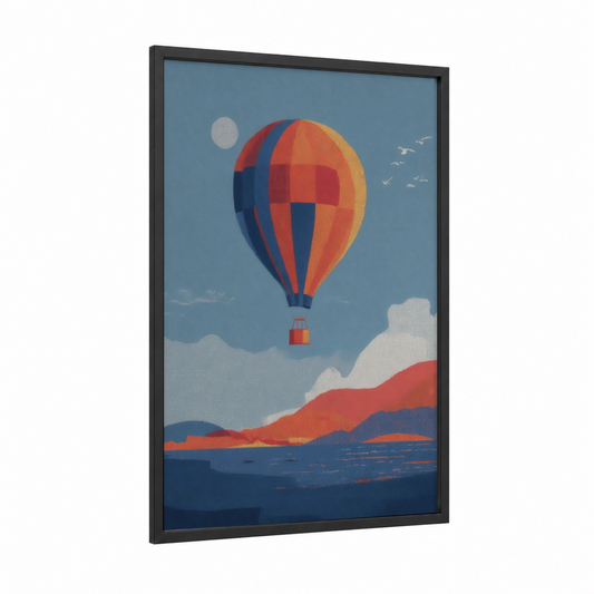 Colorful Sky Adventure framed hot air baloon print — black wood frame — blue and orange palette