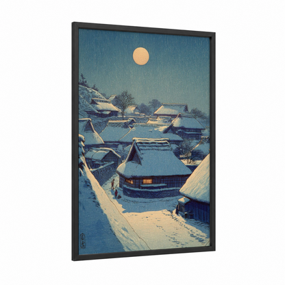 Snowy Village Moon framed winter print — black wood frame — blue and gold palette