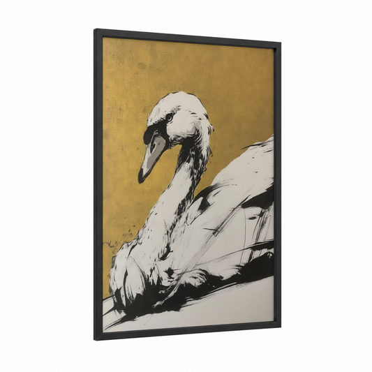 Golden Swan framed art print — black wood frame — gold and black and white palette