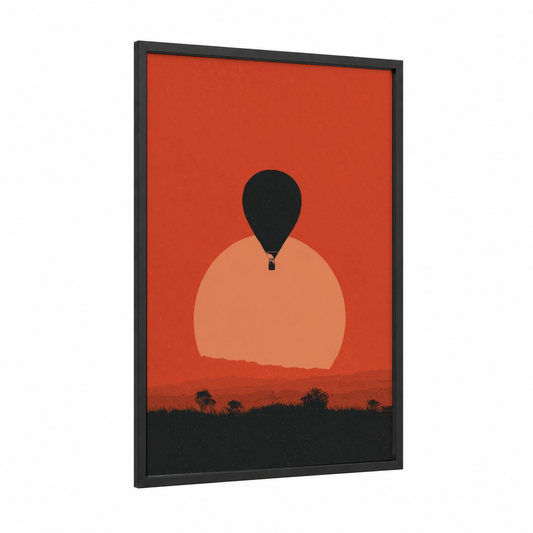 Sunset Ascent framed hot air baloon print — black wood frame — red and peach palette