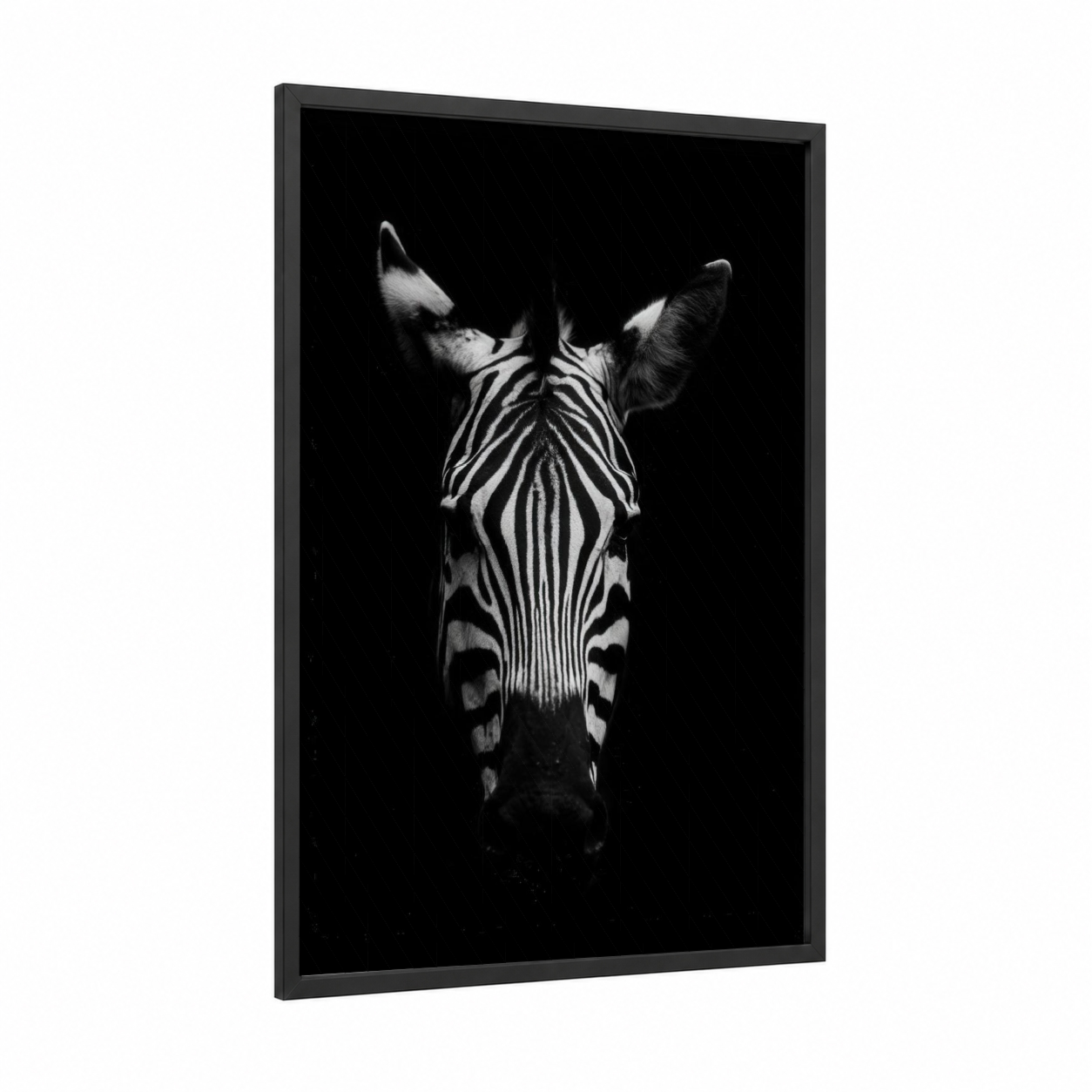 Monochrome Zebra framed art print — black wood frame — black and white palette