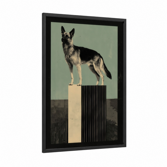 Vigilant Shepherd framed shepherd dogs and collies print — black wood frame — sage green and black and white palette