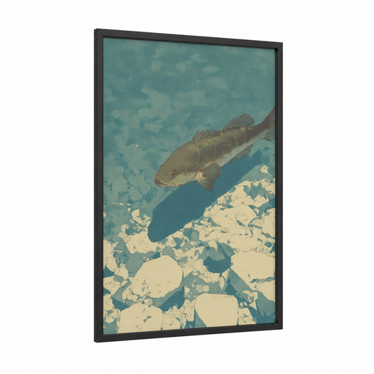 Rocky Stream Bass framed art print — black wood frame — teal and cream palette