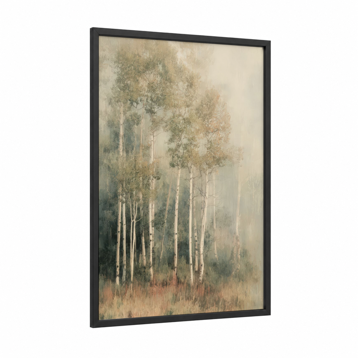 Misty Aspen Forest framed art print — black wood frame — cream and sage green palette